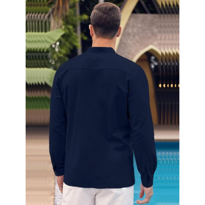 Madhavista Mens Casual Button Down Shirt | Cotton Luster Long Sleeves Shirts | Mandarin Collared Shirts Navy Blue