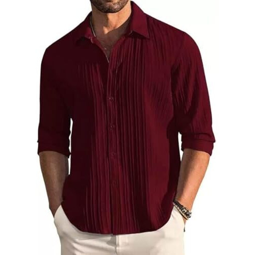 Deelmo Men's Button Down Dress Shirts Textured Long Sleeve Casual Hawaiian Beach Shirt