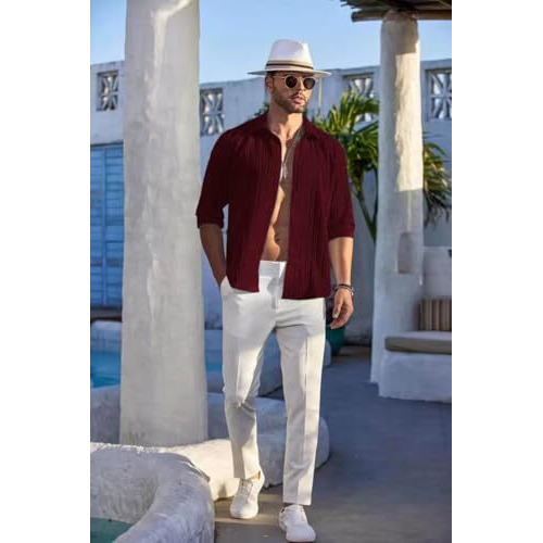 Deelmo Men's Button Down Dress Shirts Textured Long Sleeve Casual Hawaiian Beach Shirt