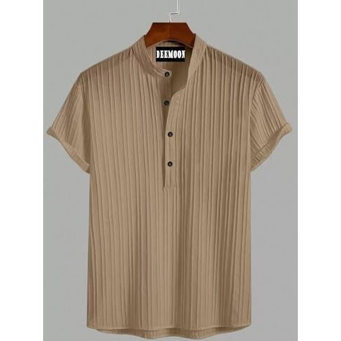 Deemoon Men's Polyster Kurta With Mandarin Collar, Half Placket Buttons, Front Pocket | Half Sleeves | Soft & Breathable Fabric