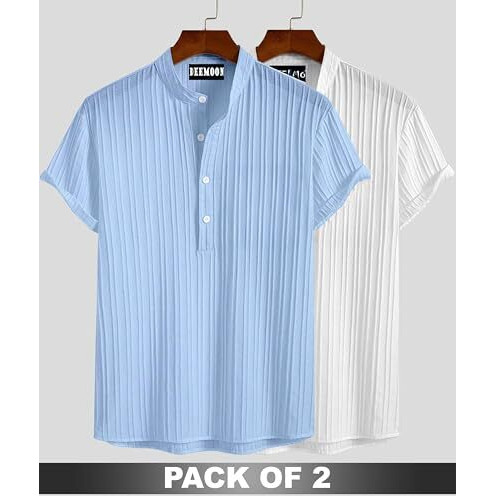 Deemoon Combo Of Men's Polyster Kurta With Mandarin Collar, Half Placket Buttons, Front Pocket | Half Sleeves | Soft & Breathable Fabric | Pack Of 2