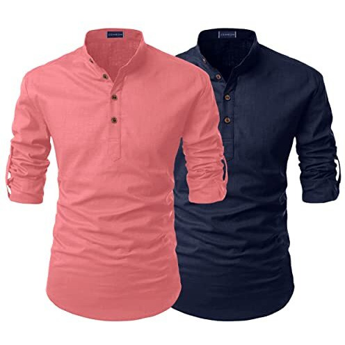 Zombom Combo Men's Cotton Blend Solid Straight Full Sleeve Regular Fit Mandarin/Chinese Collor Kurta Shirt (Pack Of 2)
