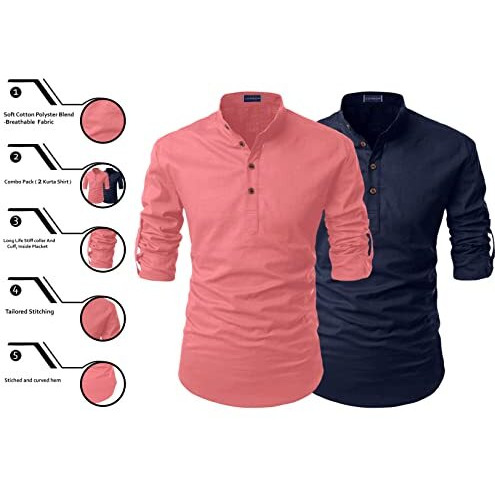 Zombom Combo Men's Cotton Blend Solid Straight Full Sleeve Regular Fit Mandarin/Chinese Collor Kurta Shirt (Pack Of 2)
