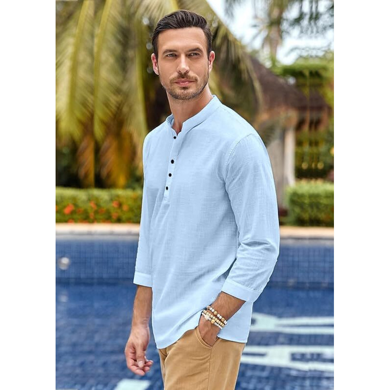 Zartha Men Solid Cotton Blend Regular Fit Full Sleeve Straight Kurta Shirt, Men's Shirt, Sky Blue, L, Pack Of 1