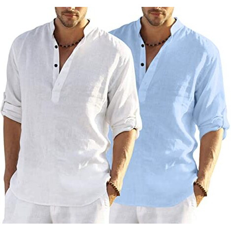Bellstone Men's Cotton Blend Solid Regular Dress Shirt (Kurta800Combo_White_Skyblue_L Sky Blue