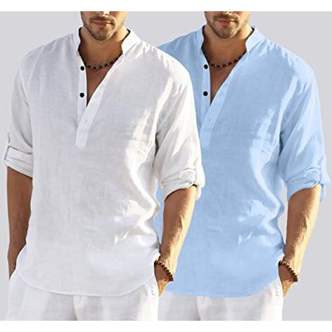 Bellstone Men's Cotton Blend Solid Regular Dress Shirt (Kurta800Combo_White_Skyblue_L Sky Blue
