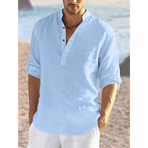 Bellstone Men's Cotton Blend Solid Regular Dress Shirt (Kurta800Combo_White_Skyblue_L Sky Blue