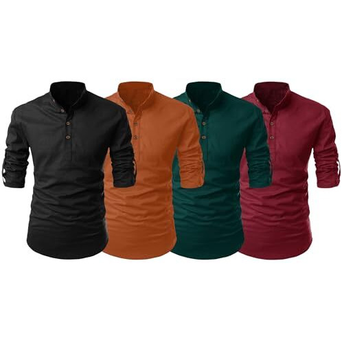 Zombom Men's Cotton Blend Solid Full Sleeve Regular Fit Kurta Shirt, Multicolor, L, Combo Set Of 4