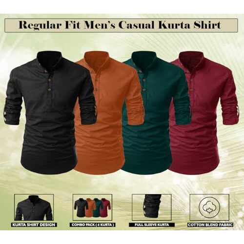 Zombom Men's Cotton Blend Solid Full Sleeve Regular Fit Kurta Shirt, Multicolor, L, Combo Set Of 4