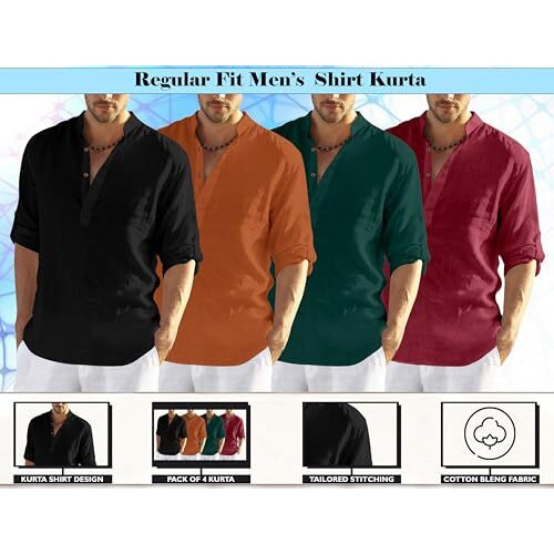 Zombom Men's Cotton Blend Full Sleeve Kurta Shirt Combo Pack Of 4 Designed For Everyday Comfort, Or Smart Casual Dressing