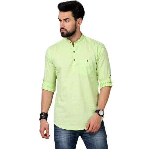 Deemoon Men's Cotton Blend Full Sleeve Short Kurta With Mandarin Collar Crafted From A Premium Cotton Blend Pista