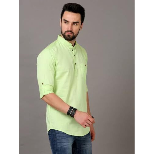 Deemoon Men's Cotton Blend Full Sleeve Short Kurta With Mandarin Collar Crafted From A Premium Cotton Blend Pista