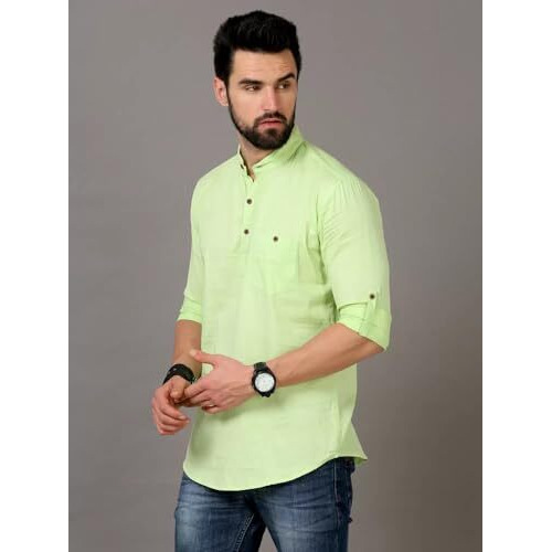 Deemoon Men's Cotton Blend Full Sleeve Short Kurta With Mandarin Collar Crafted From A Premium Cotton Blend Pista