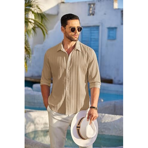 Deelmo Men's Casual Button Down Shirts Long Sleeve Linen Shirt Fashion Textured Beach Summer Shirt