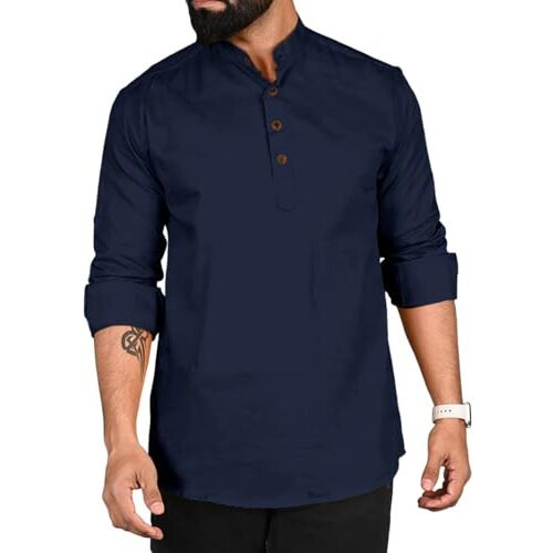 Finivo Fashion Men's Cotton Polyester Blend Solid Regular Fit Full Sleeve Short Kurta Navy