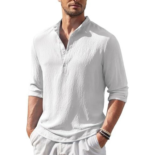 Hemilique Men's Regular Fit Solid Popcorn Full Sleeve Regular Fit Short Kurta | Solid Pattern Mandarin Collar Straight Kurta White