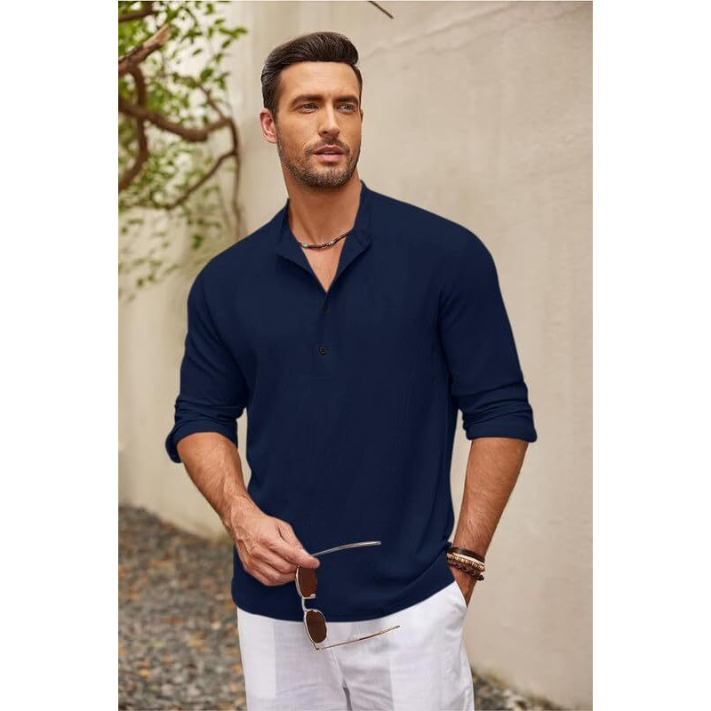 Madhavista Cotton Blend Men's Regular Fit Solid Full Sleeve Regular Fit Short Kurta | Solid Pattern Mandarin Collar Straight Kurta Navy, Xl