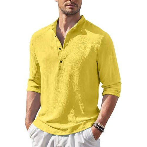 Madhavista Men's Regular Fit Solid Popcorn Full Sleeve Regular Fit Short Kurta | Solid Pattern Mandarin Collar Straight Kurta Yellow