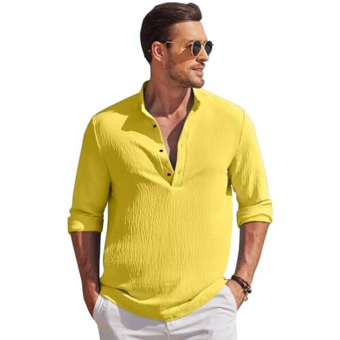 Madhavista Men's Regular Fit Solid Popcorn Full Sleeve Regular Fit Short Kurta | Solid Pattern Mandarin Collar Straight Kurta Yellow