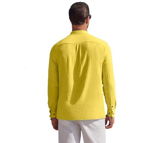 Madhavista Men's Regular Fit Solid Popcorn Full Sleeve Regular Fit Short Kurta | Solid Pattern Mandarin Collar Straight Kurta Yellow