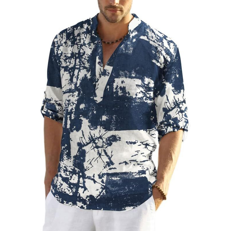 Madhavista Men's Cotton Blend Full Sleeve Printed Short Regular Fit Kurta With Mandarin Collar Crafted From A Premium Cotton Blend Navy Blue, Large