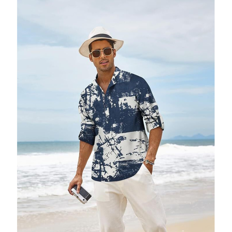 Madhavista Men's Cotton Blend Full Sleeve Printed Short Regular Fit Kurta With Mandarin Collar Crafted From A Premium Cotton Blend Navy Blue, Large