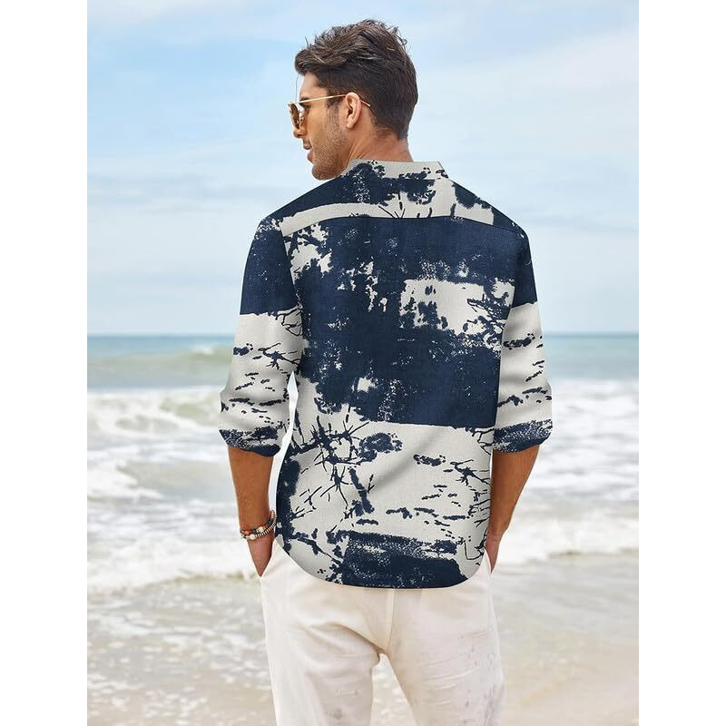Madhavista Men's Cotton Blend Full Sleeve Printed Short Regular Fit Kurta With Mandarin Collar Crafted From A Premium Cotton Blend Navy Blue, Large