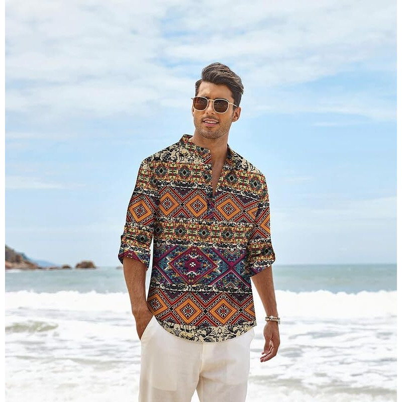Hemilique Men's Cotton Blend Full Sleeve Printed Short Kurta With Mandarin Collar Crafted From A Premium Cotton Blend, Regular Fit, Yellow