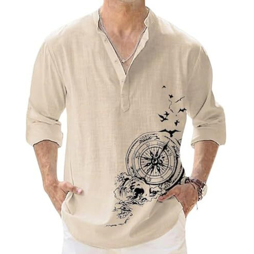 Deemoon Men's Cotton Blend Mandarin Collar Self One Design Full Sleeve Casual Short Kurta Beige