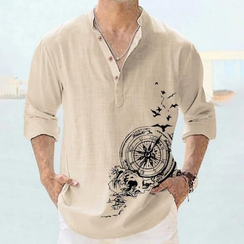 Deemoon Men's Cotton Blend Mandarin Collar Self One Design Full Sleeve Casual Short Kurta Beige