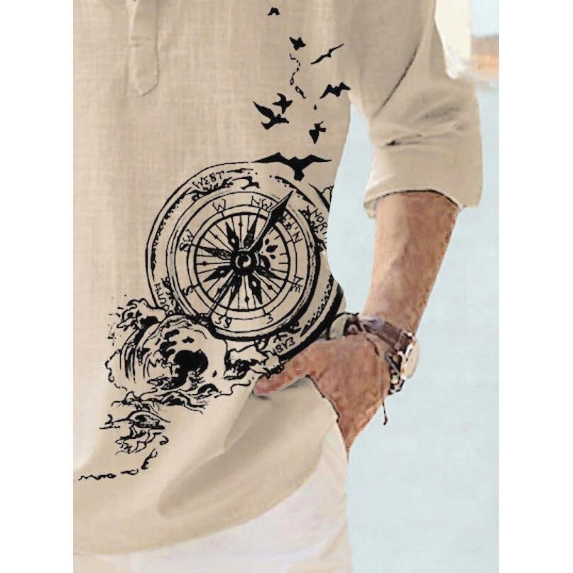 Deemoon Men's Cotton Blend Mandarin Collar Self One Design Full Sleeve Casual Short Kurta Beige