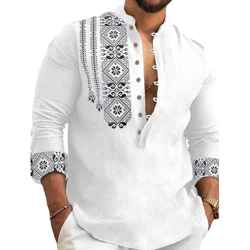 Deemoon Men's Cotton Blend Mandarin Collar Self One Design Full Sleeve Casual Short Kurta White