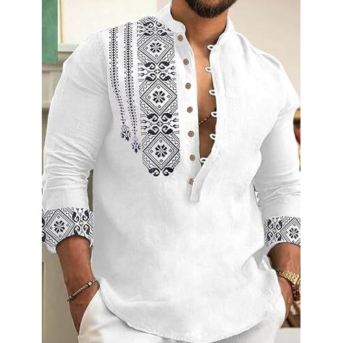 Deemoon Men's Cotton Blend Mandarin Collar Self One Design Full Sleeve Casual Short Kurta White