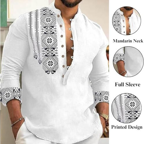 Deemoon Men's Cotton Blend Mandarin Collar Self One Design Full Sleeve Casual Short Kurta White