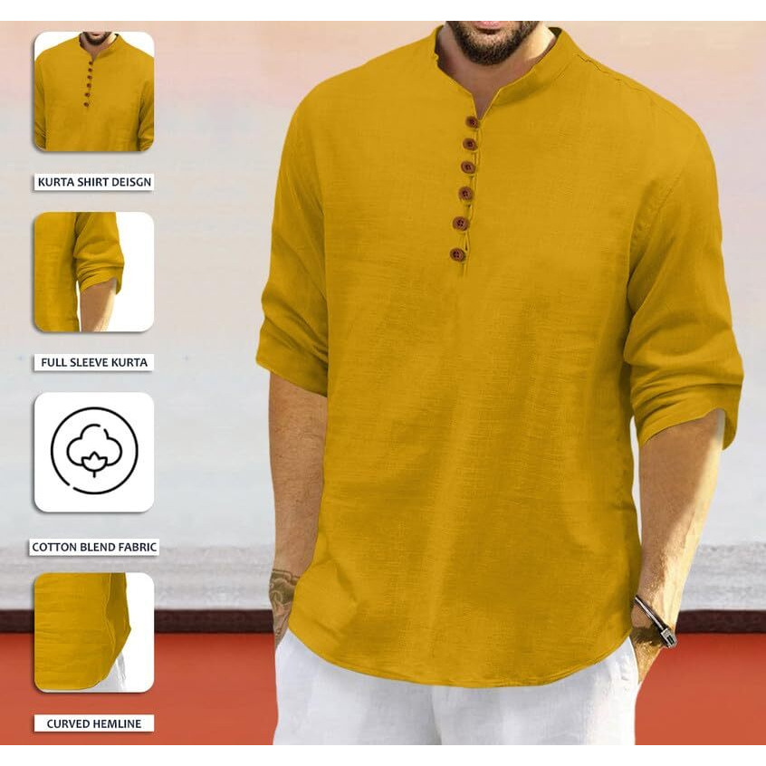 Royalscout Men's Cotton Polyester Blend Solid Regular Fit Full Sleeve Short Kurta Gold