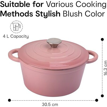 Anko 4L Lush Cast Iron Casserole| Cast Iron & Enamel Coated| Suitable For Gas, Ceramic, Induction, Electric And Halogen Cooktops| Microwave Safe|16.3Cm (H) X 30.5Cm (W) X 24Cm (D)| Blush (Pink)
