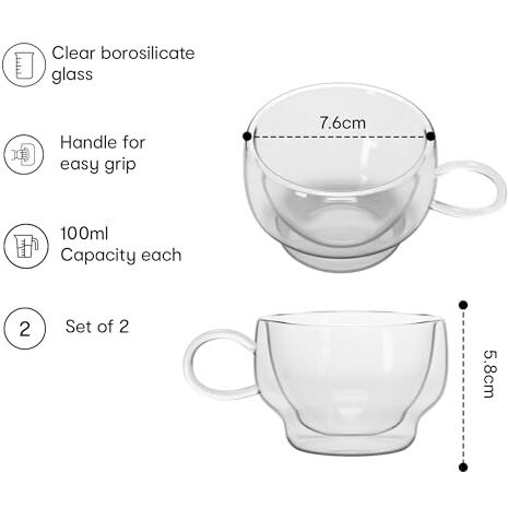 Anko Double Walled Borosilicate Espresso Coffee Mug Set Of 2 | 100Ml | Microwave & Dishwasher Safe Coffee Mug & Tea Cup With Handle | Ideal Tea & Coffee Glass Set For Gifting | Everyday Use