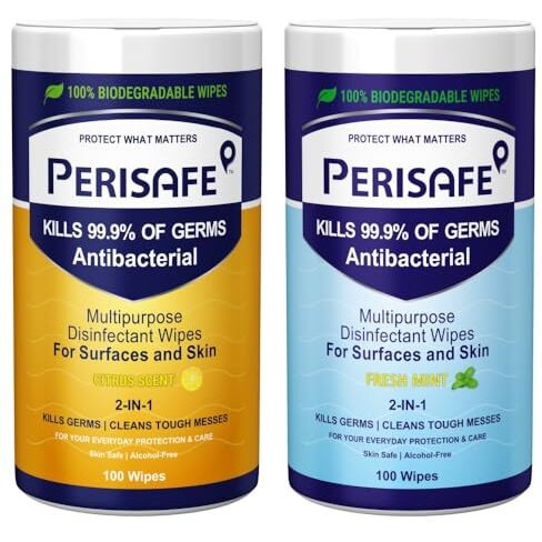 Perisafe Multipurpose Disinfectant Wipes For Surfaces & Skin-Combo Pack 100 Wipes Each | 100% Biodegradable | Antibacterial | 2-In-1- Kills Germs & Cleans Tough Messes | Citrus-Fresh Mint