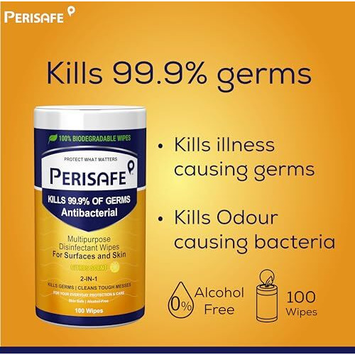 Perisafe Multipurpose Disinfectant Wipes For Surfaces & Skin-Combo Pack 100 Wipes Each | 100% Biodegradable | Antibacterial | 2-In-1- Kills Germs & Cleans Tough Messes | Citrus-Fresh Mint
