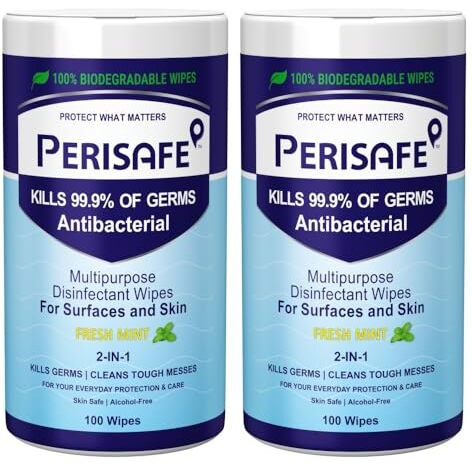 Perisafe Multipurpose Disinfectant Wipes For Surfaces & Skin-100X2200 Wipes | 100% Biodegradable | Antibacterial | 2-In-1- Kills Germs & Cleans Tough Messes | Fresh Mint