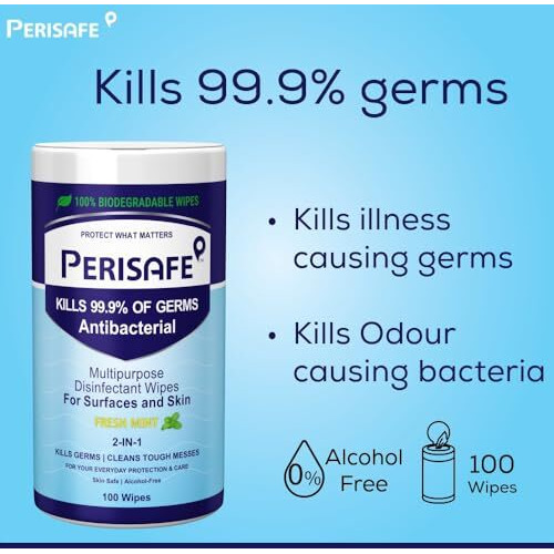 Perisafe Multipurpose Disinfectant Wipes For Surfaces & Skin-100X2200 Wipes | 100% Biodegradable | Antibacterial | 2-In-1- Kills Germs & Cleans Tough Messes | Fresh Mint