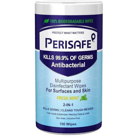 Perisafe Multipurpose Disinfectant Wipes For Surfaces & Skin-100 Wipes | 100% Biodegradable | Antibacterial | 2-In-1- Kills Germs & Cleans Tough Messes | Fresh Mint
