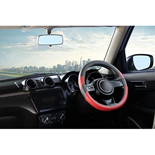 Soft X Premium Faux Leather Car Steering Wheel Cover Universal Size | Breathable Anti Slip Steering Cover For Untlimate Comfort & Style - Color  Black & Red