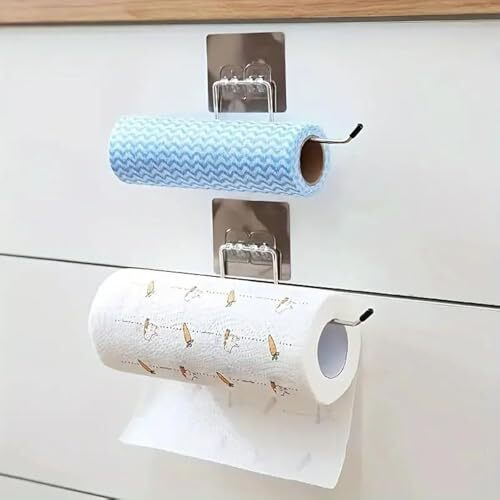 Pack Of 2 Stainless Steel Self Adhesive Napkin Ring Wall Mount Towel Hanging Holder With Magic Adhesive Pad Kitchen Paper Roll Holder Tissue Paper Stand Towel Bar Hanger Kitchen And Washbasin Use 2 Pc