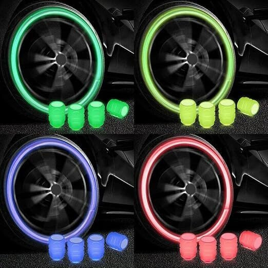 Greyana Tire Valve Stem Caps Glow In Tire Valve Caps Luminous Tire Valve Cover Tire Valve Accessories For Universal Cars Suv Truck Motorcycle Bike, Cool Car Gifts (4 Pic Multi Colour)