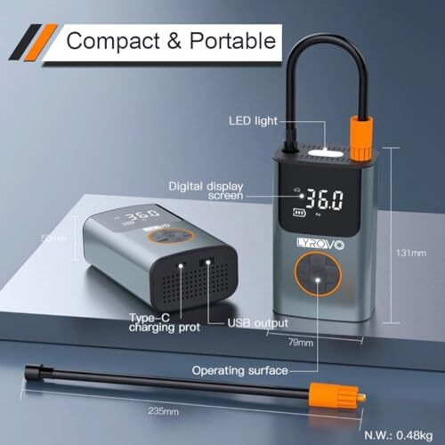 Lyrovo Cordless Smart Tyre Inflator For Car And Bike Metal Body - Auto Shutoff Portable Air Compressor 150Psi, Air Pump For Car Tires (Ly19)