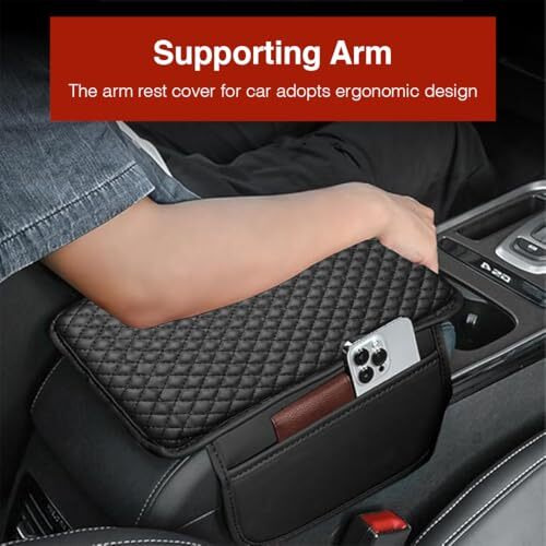 Lyrovo Pu Leather Car Armrest Cushion Pad With Side Pockets, Universal Fit For All Car (Black)
