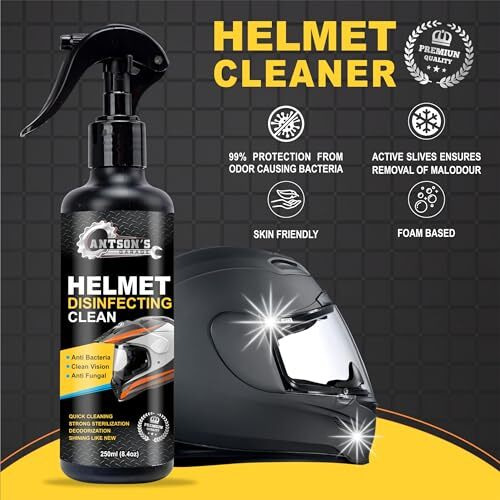 Antson Helmet Cleaner Spray 250 Ml, Helmet Interior Cleaner, Anti-Bacterial Spray For Helmet, Visor Cleaner, Anti-Bacterial Formula Protects Hair Loss And Fungal Infections