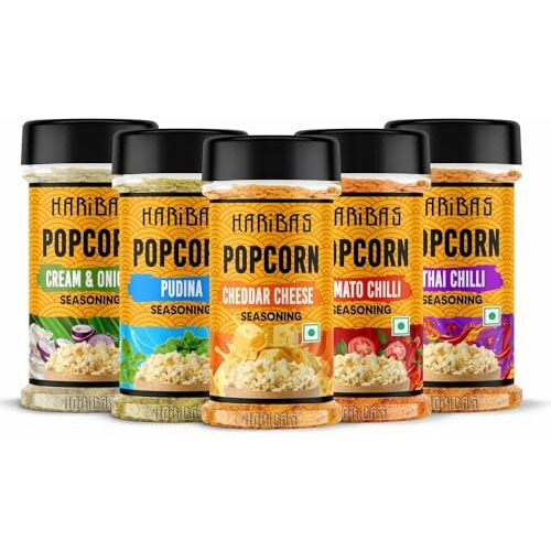 Haribas Combo Pack Of 5 Pop Corn Seasoning Powder | Tasty Powder, 50 G Each, Sprinkle On Maggie/French Fries | Cheddar Cheese, Cream Butter & Onion, Tomato Chilli, Thai, Pudina For Popcorn, Nacho