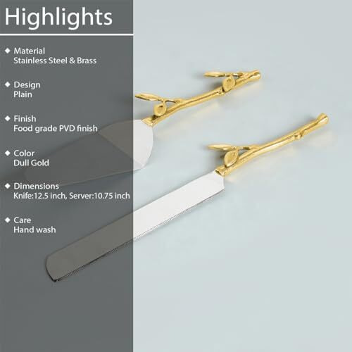 Saaga Stainless Steel Cake Knife 32Cms With Brass Handle For Cake Cutting And Cake Servers 27Cms For Plating Desserts - Set Of 2Pcs With Sturdy Box